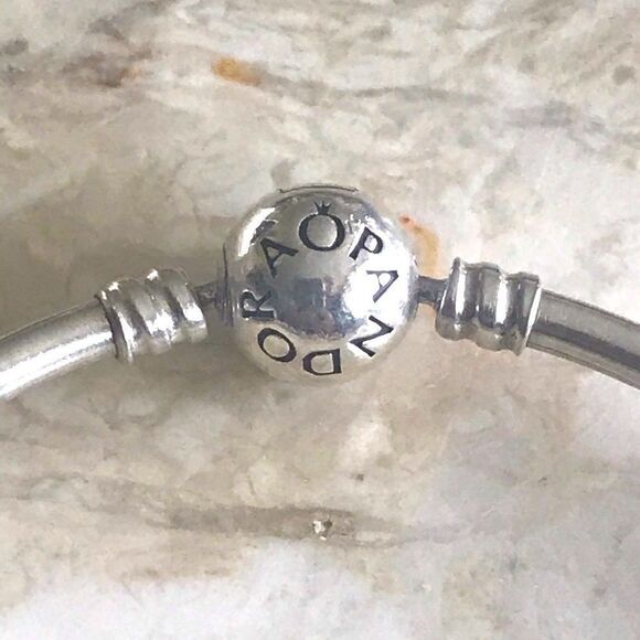 Pandora Sterling Silver Solid Bangle & 6 Charms - Picture 2 of 8